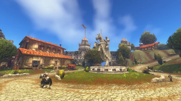 Adventurers outside an inn in Blizzard’s Forever Riverglades screenshot.